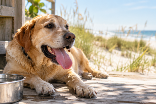 Dog resting in the shade near the beach during hot Pensacola weather