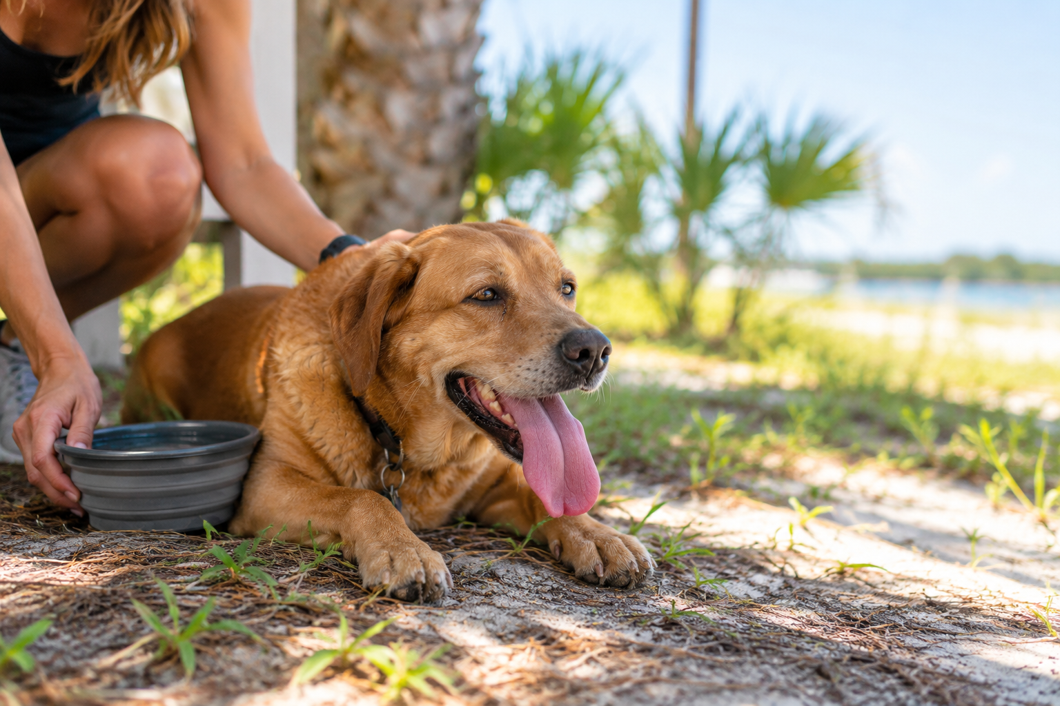 Overheated dog resting in the shade while being offered water