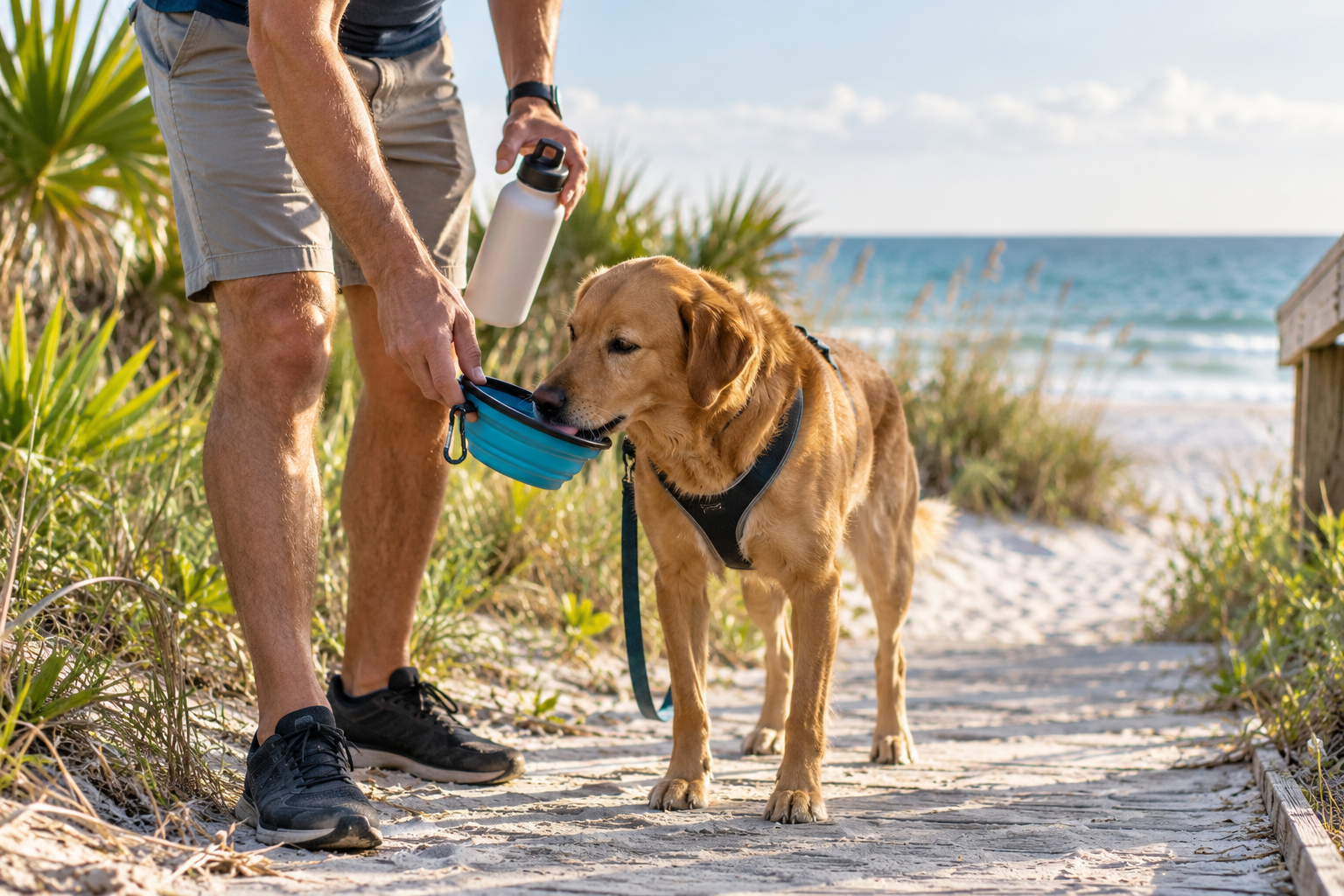 Dog drinking water during a beach walk in Pensacola