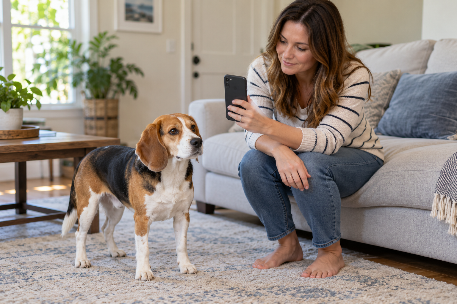 Pet owner holding a phone toward a beagle standing beside a sofa at home.