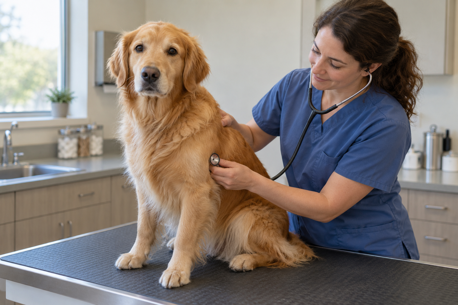 Veterinarian listening to a golden retriever’s chest with a stethoscope during an exam.