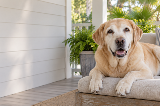 Senior yellow Labrador with a gray muzzle resting on a cushioned bench on a covered porch.