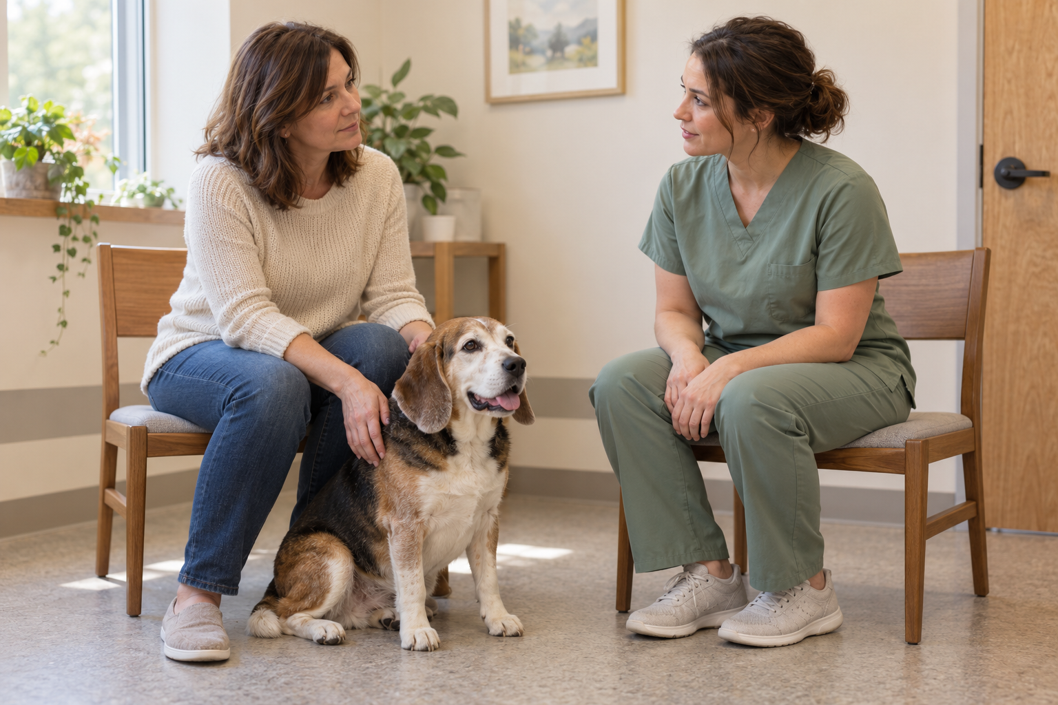 Owner and veterinary clinician discussing care while a senior beagle sits beside them.