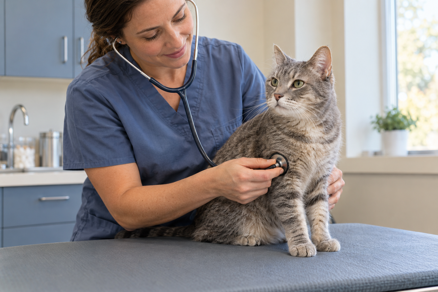 Veterinary clinician listening to a gray tabby cat’s chest with a stethoscope during an examination.