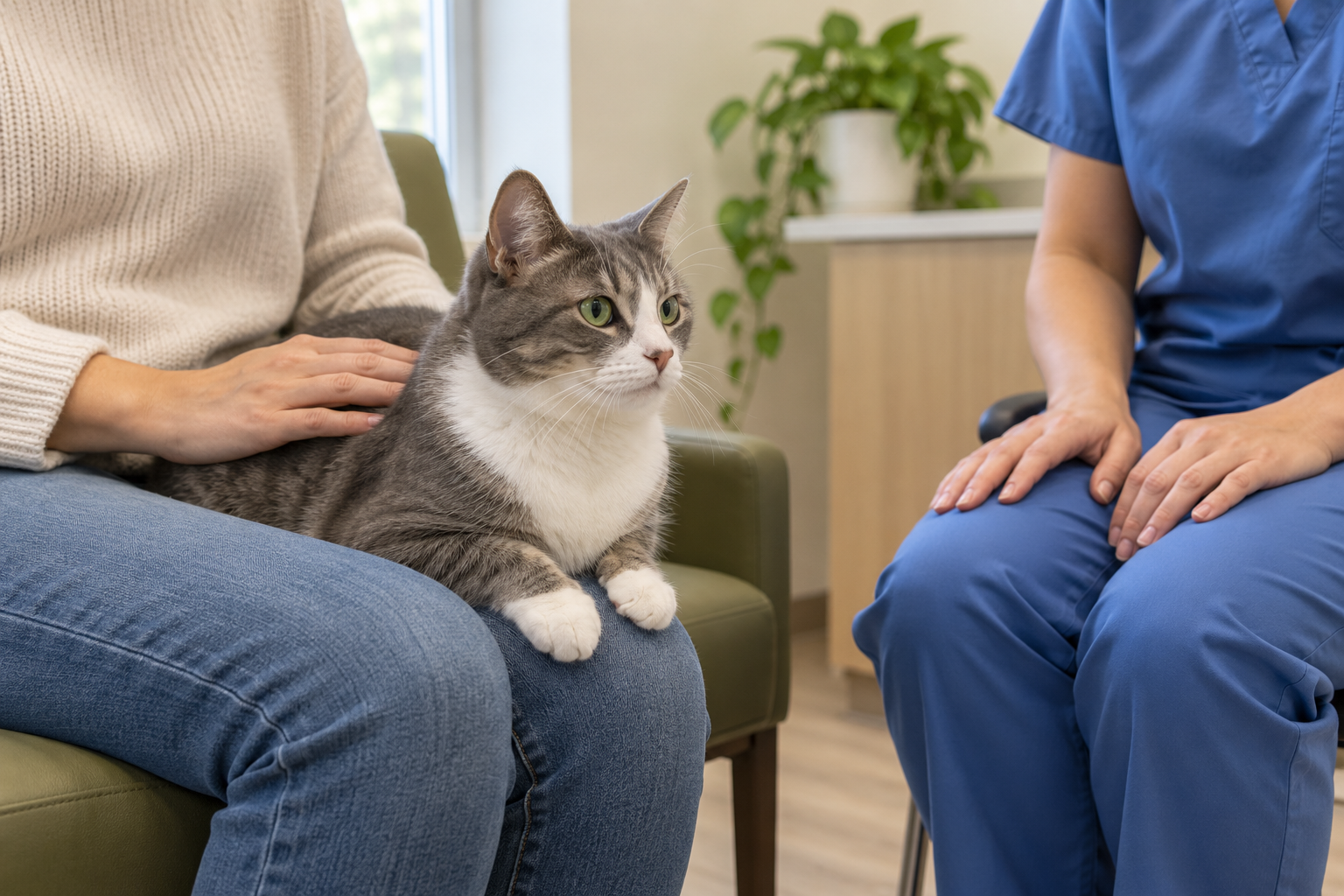 Gray-and-white cat sitting on its owner’s lap during a veterinary consultation.