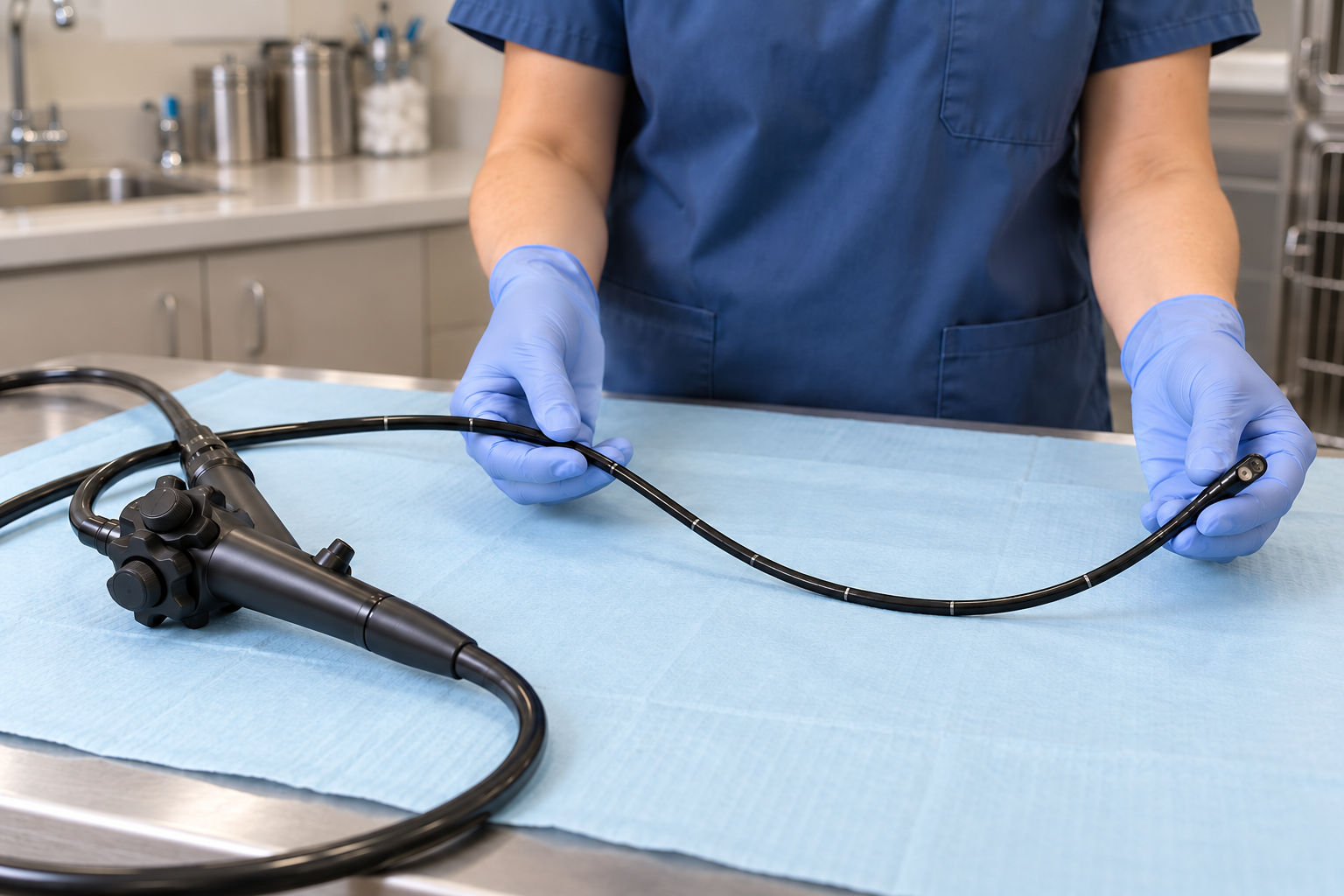 Gloved veterinary professional holding the flexible tube and camera tip of an endoscope.
