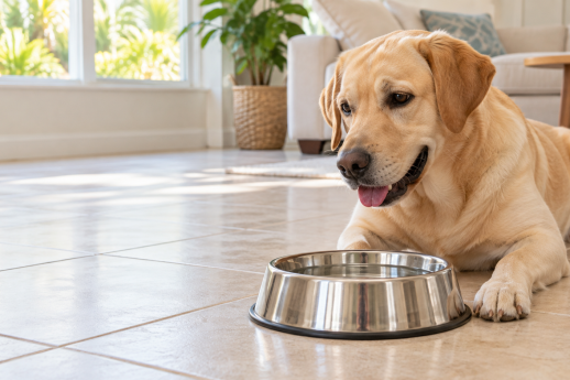 Yellow Labrador resting beside a stainless-steel water bowl in a sunlit home.