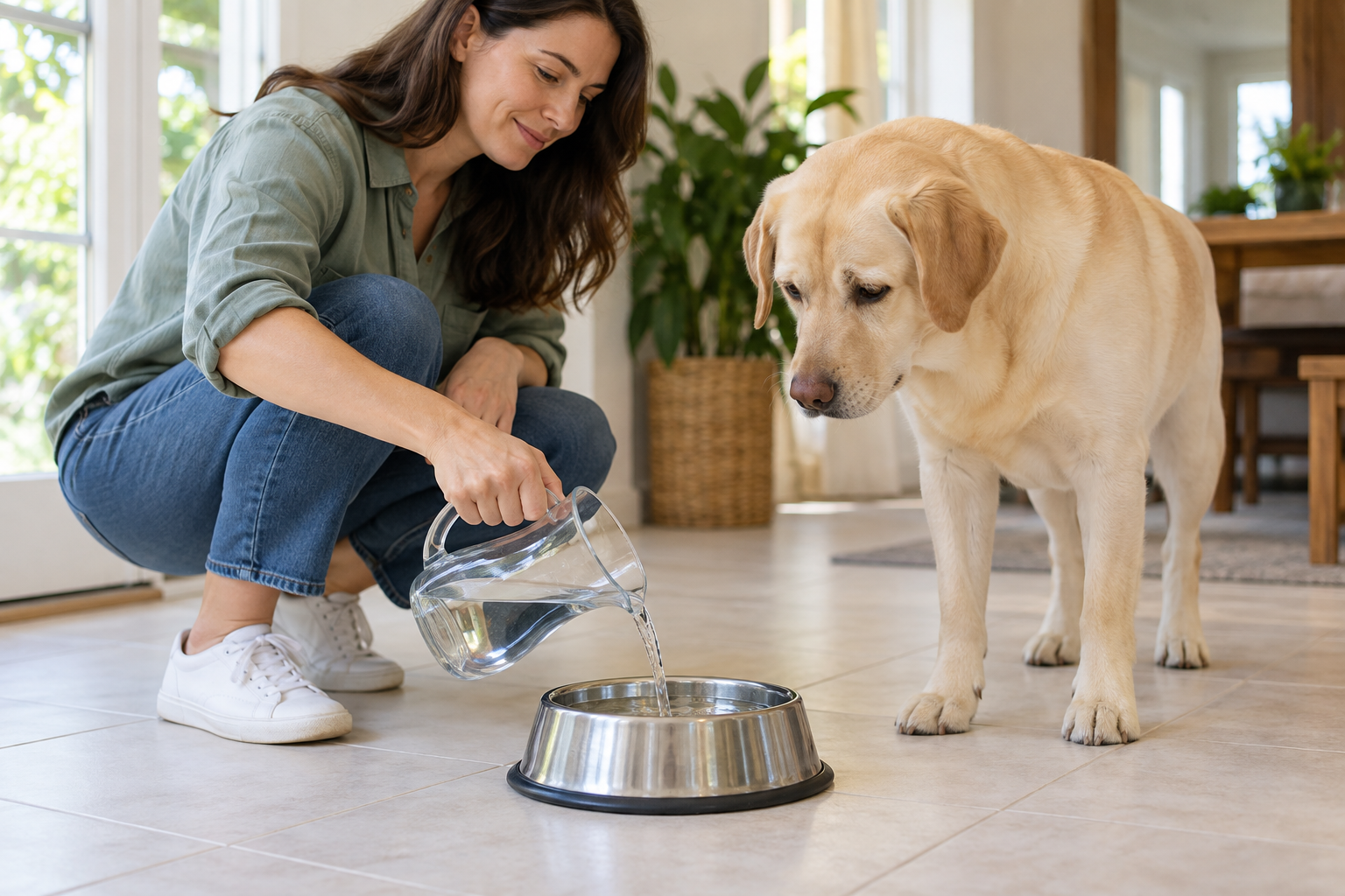 Pet owner pouring fresh water into a bowl while a yellow Labrador watches.