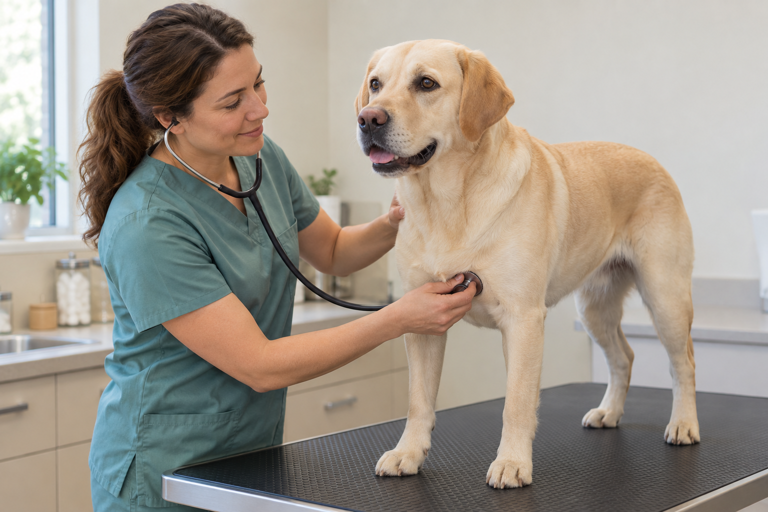 Veterinarian using a stethoscope to examine a yellow Labrador on a nonslip exam table.