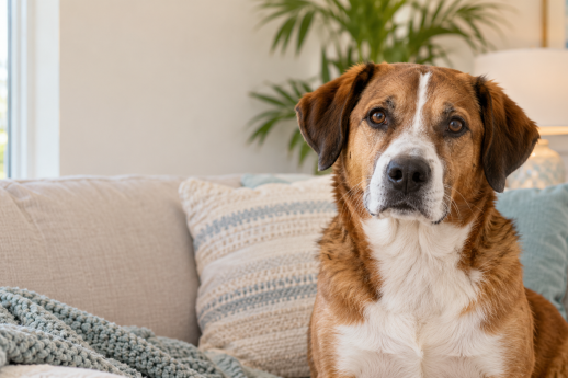 Brown-and-white dog sitting on a sofa in a bright home.