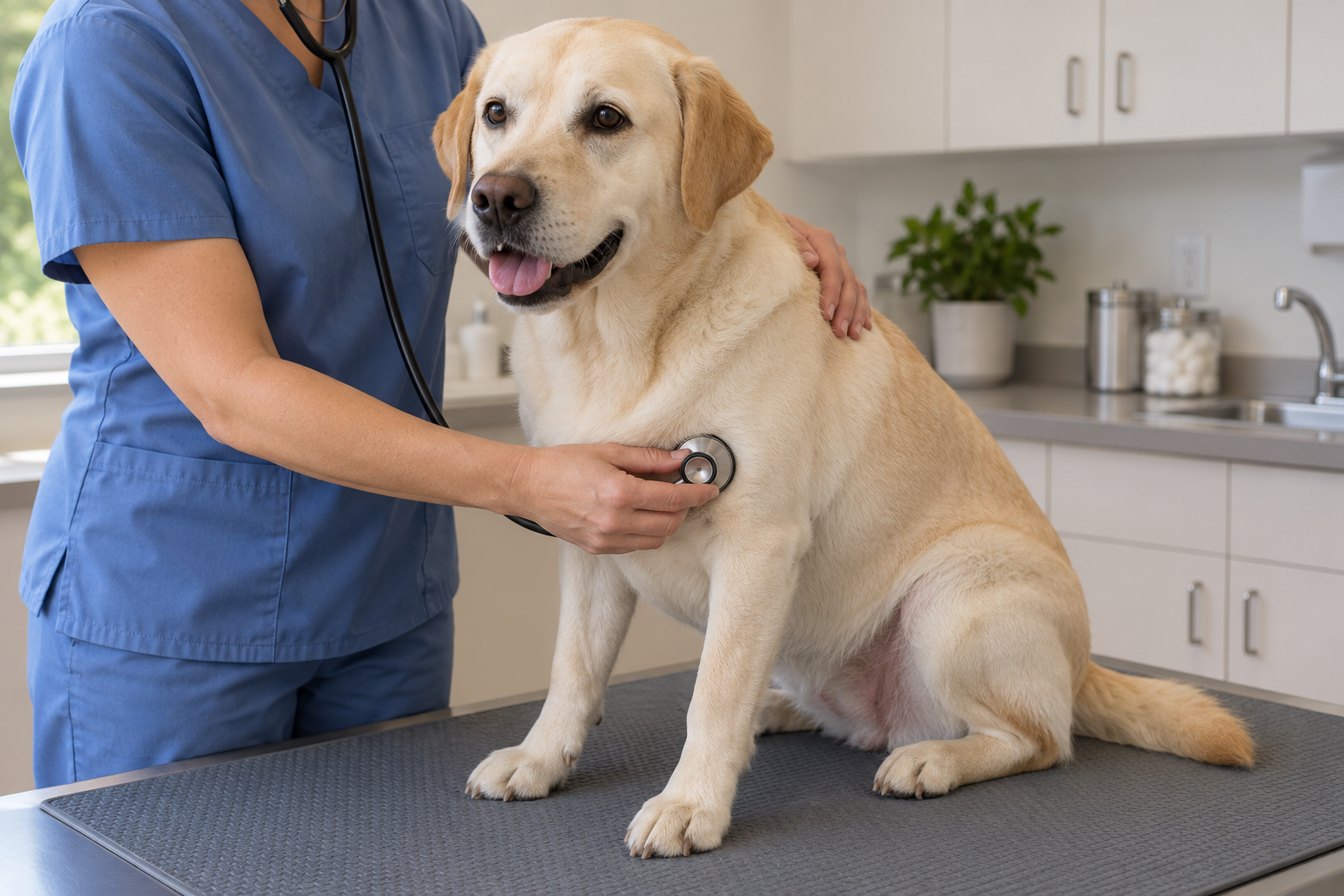 Veterinarian using a stethoscope to examine a cream-colored dog on a non-slip mat.