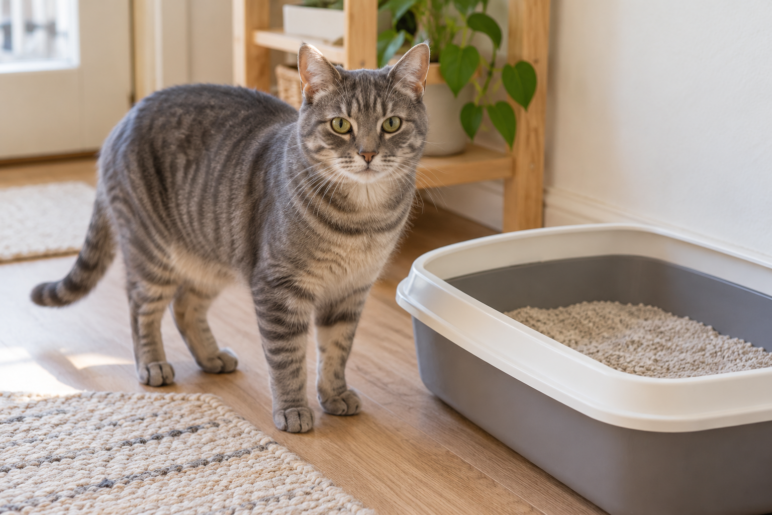 Gray tabby cat standing beside a clean litter tray at home.