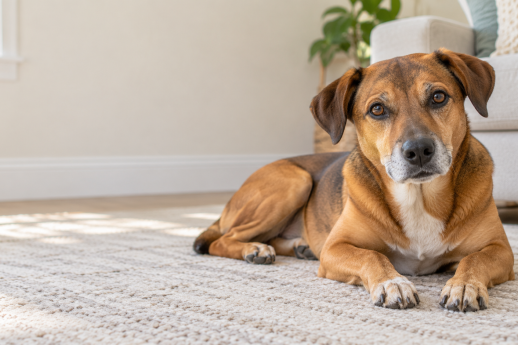 Brown mixed-breed dog resting on a light rug in a bright living room.