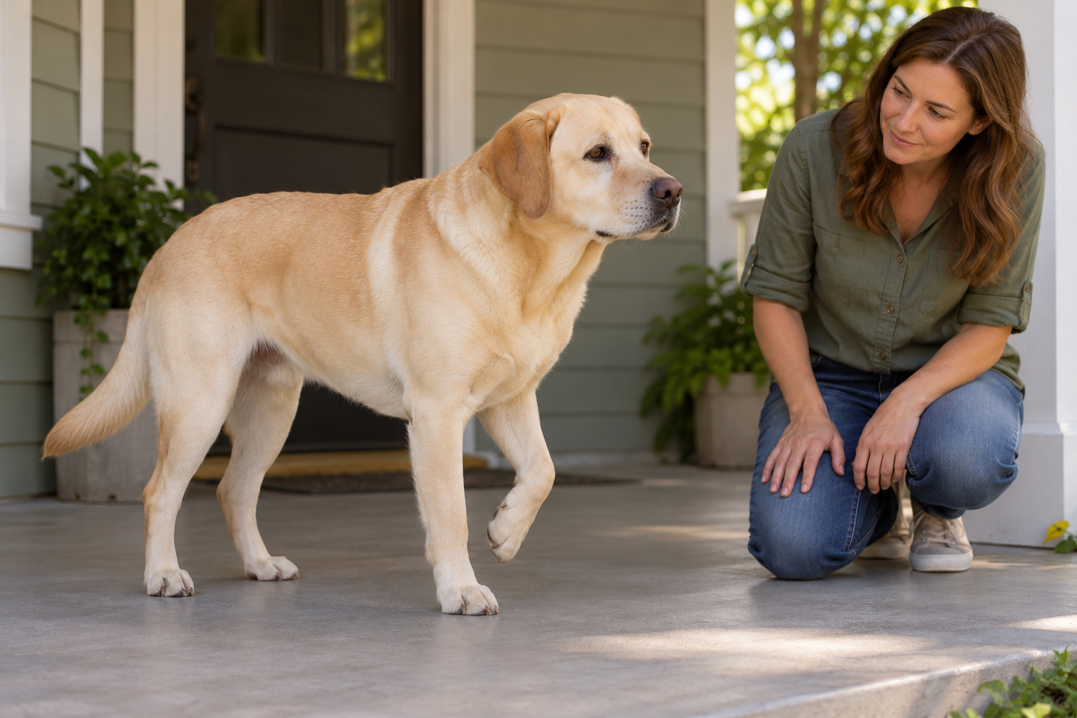 Owner observes a yellow Labrador standing on a shaded porch with one front paw slightly raised.