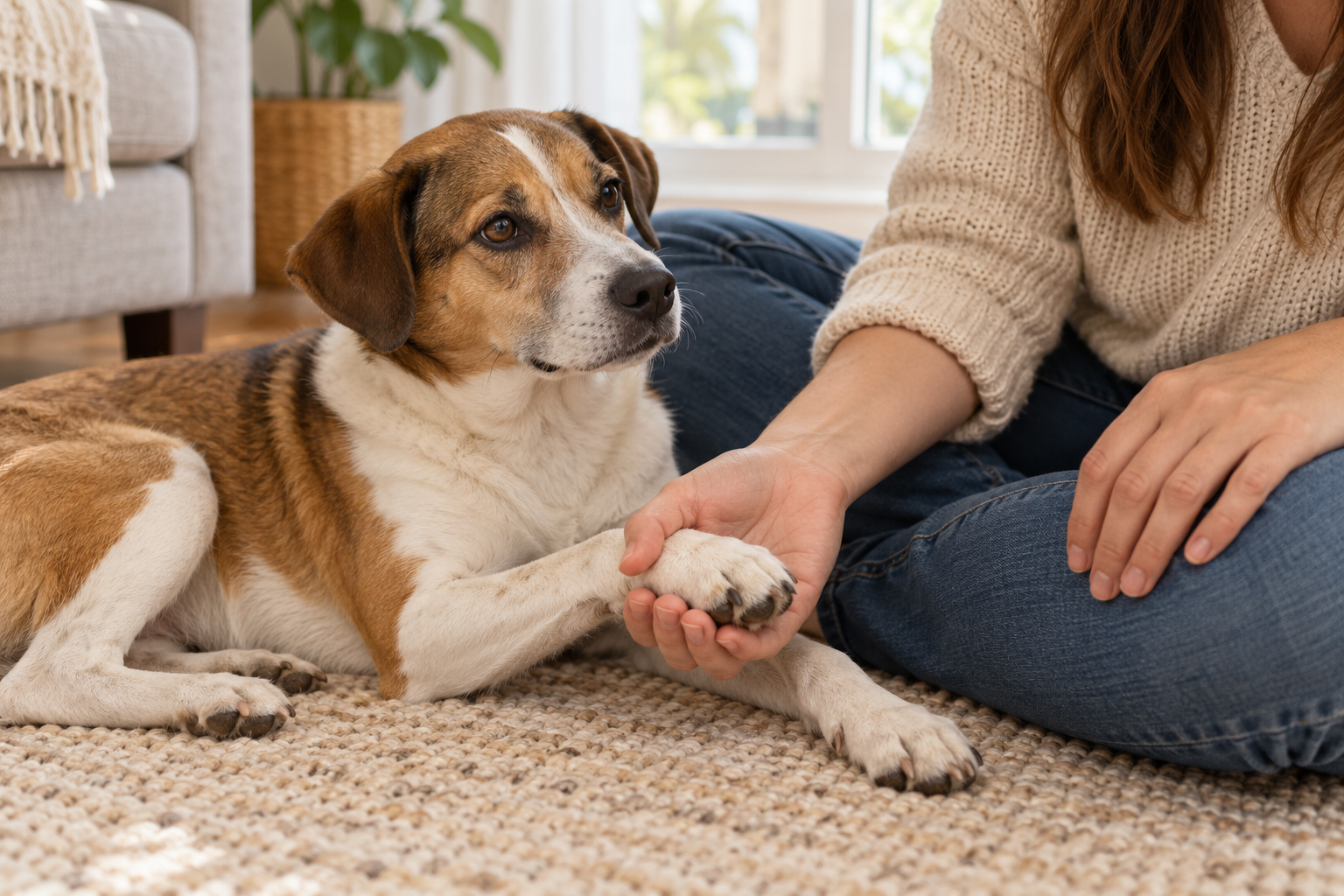 Owner gently cradles a resting brown-and-white dog's front paw.