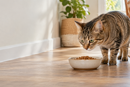 Brown tabby cat standing beside a bowl of food in a sunlit home.