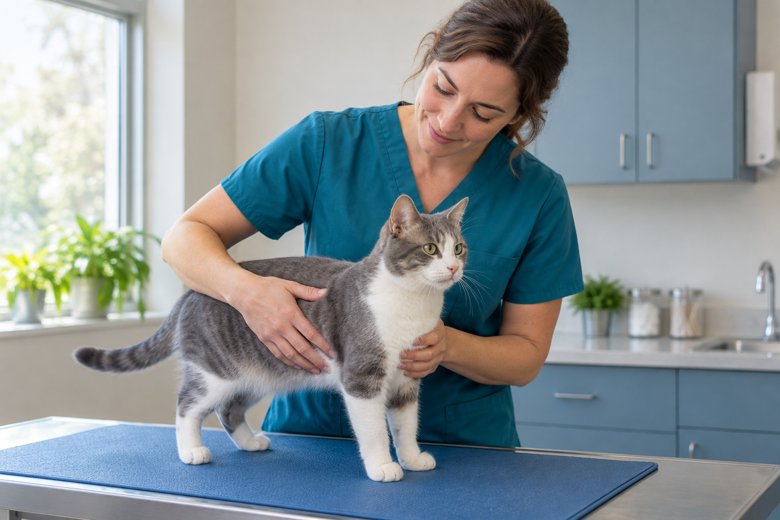 Veterinarian gently examining a gray-and-white cat on a blue non-slip mat.