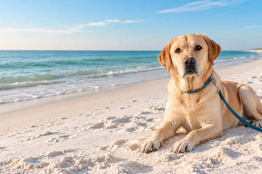 Yellow Labrador resting on white sand beside the Gulf Coast surf.