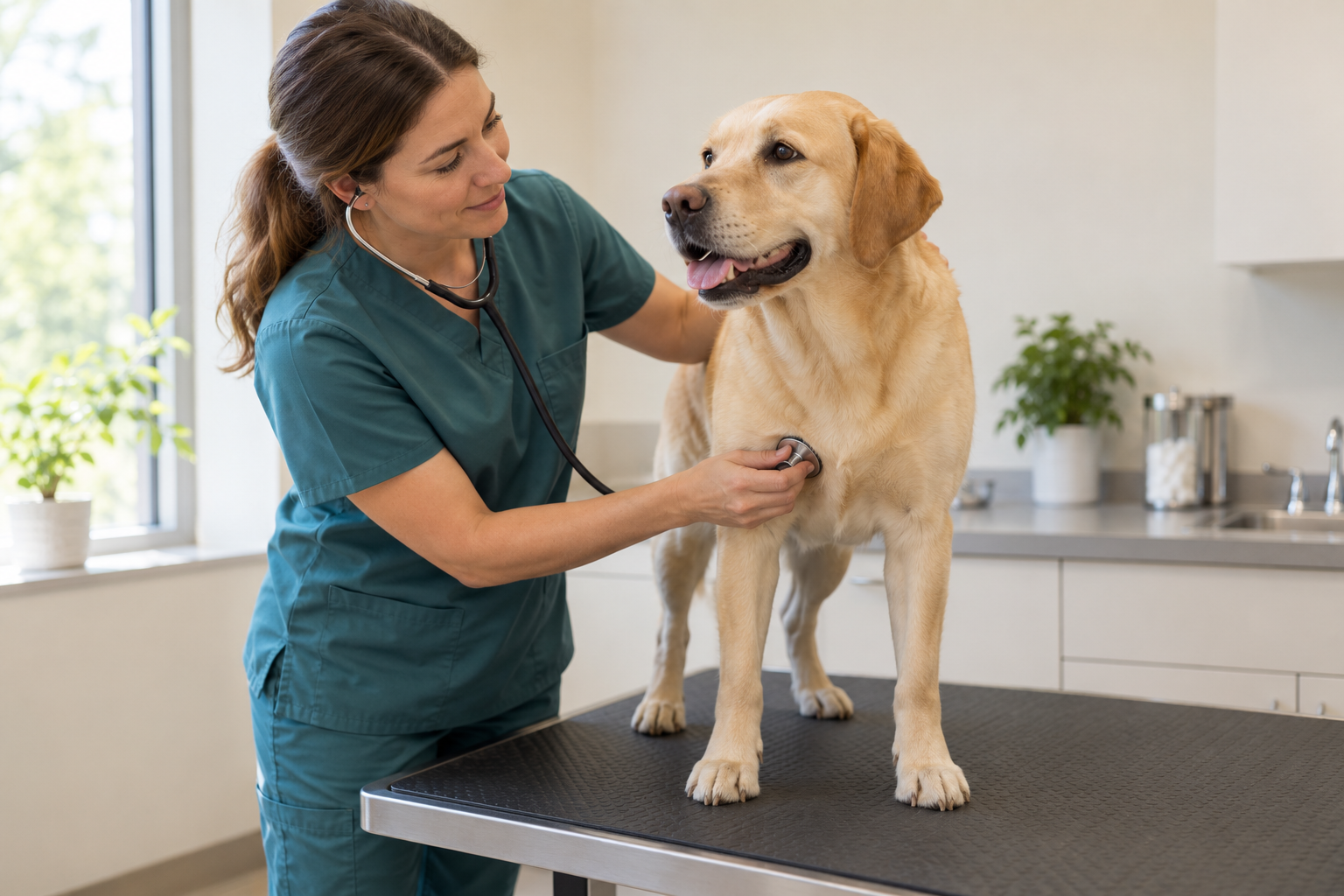 Veterinarian examining a yellow Labrador with a stethoscope in an exam room.