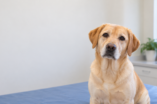 Calm yellow Labrador sitting on a blue cushion in a bright veterinary exam room.