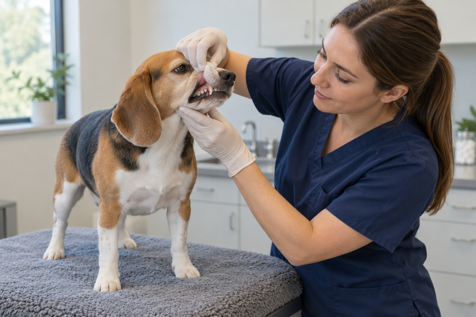Veterinary professional gently lifting an awake beagle’s lip for a visual dental examination.