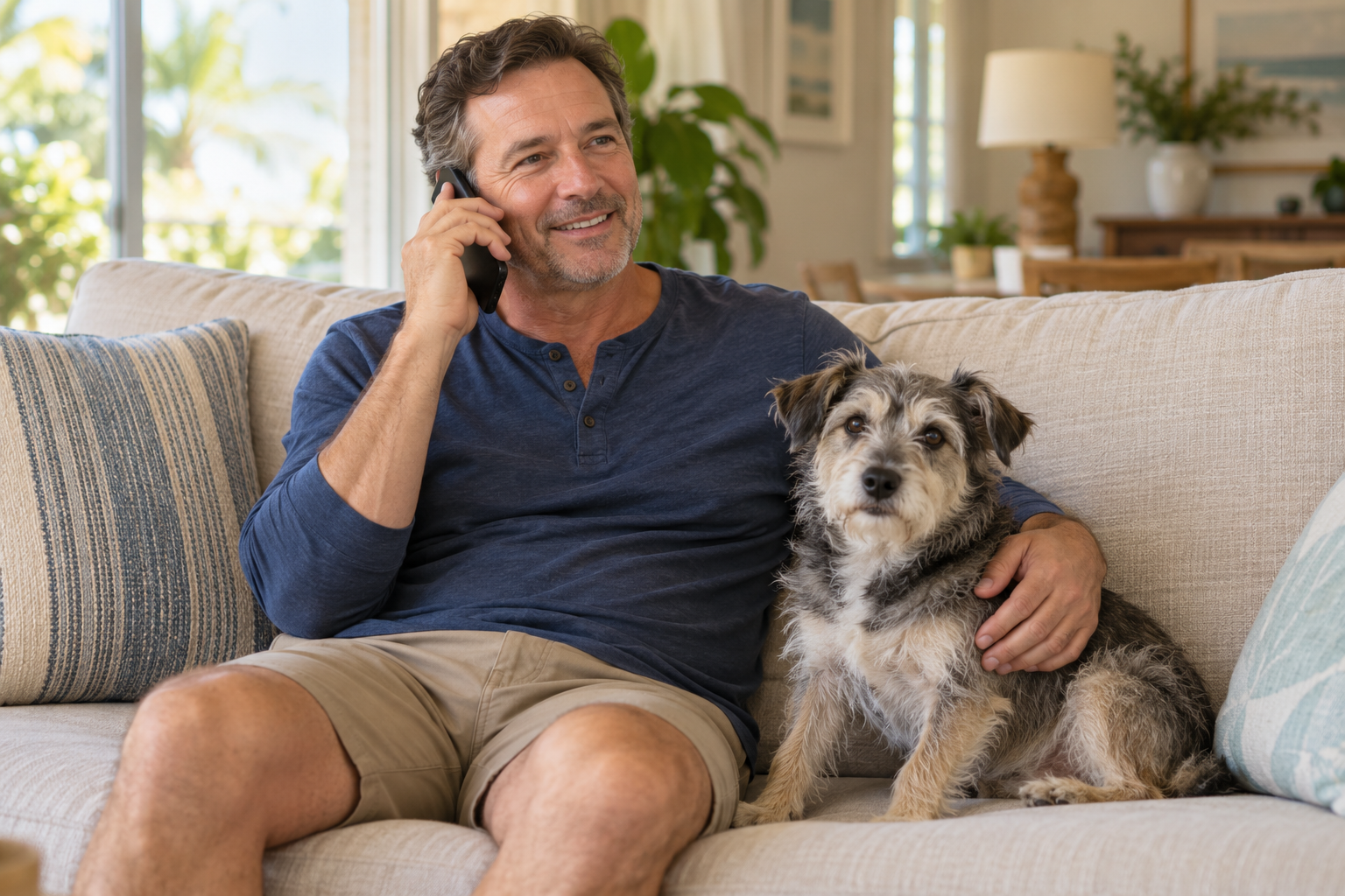 Pet owner talking on a phone while a small terrier sits beside him on a sofa.