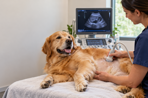 Dog resting calmly during an abdominal ultrasound exam while a veterinarian uses an ultrasound probe.