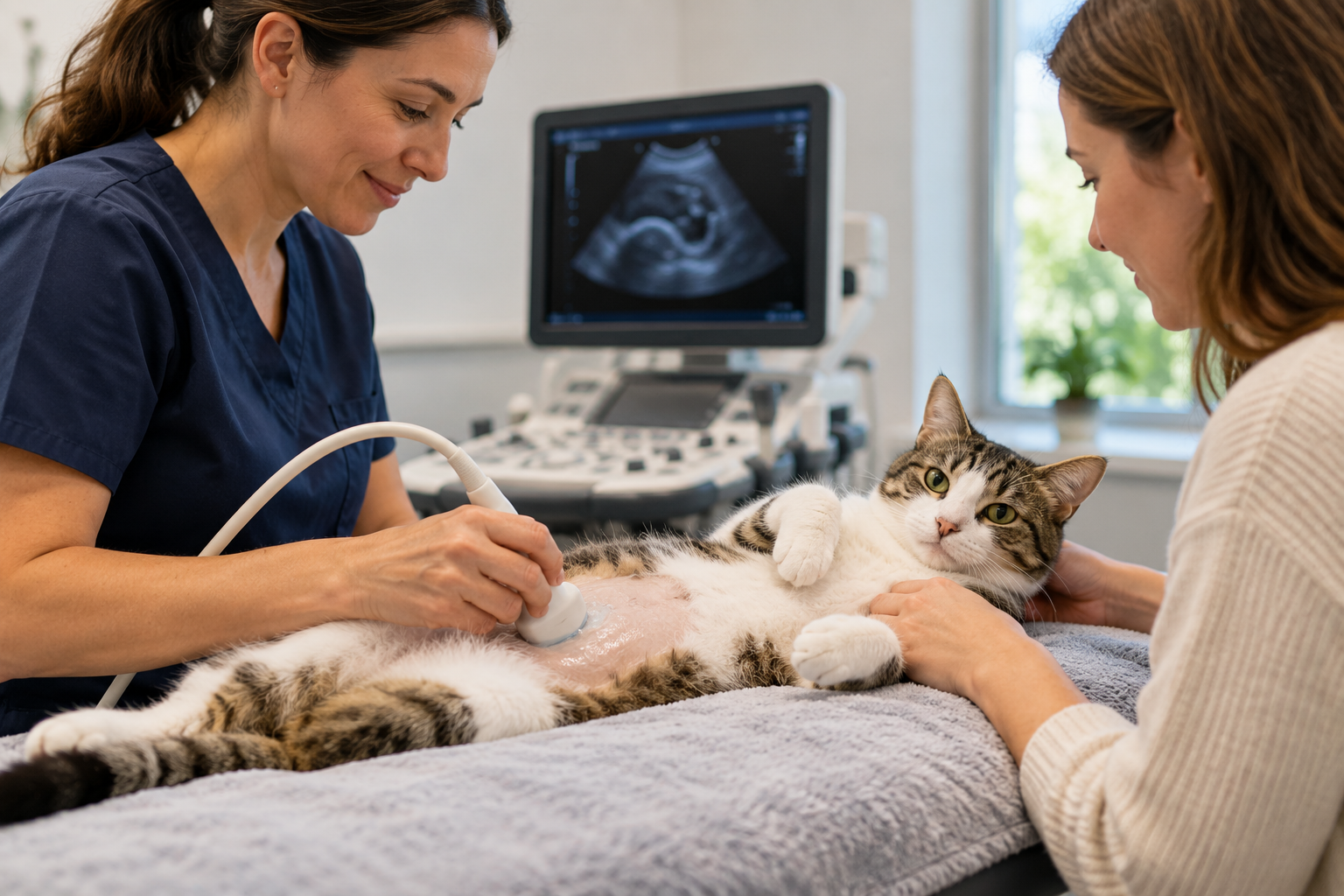 Cat receiving an abdominal ultrasound while a veterinarian scans its abdomen and an owner gently comforts it.