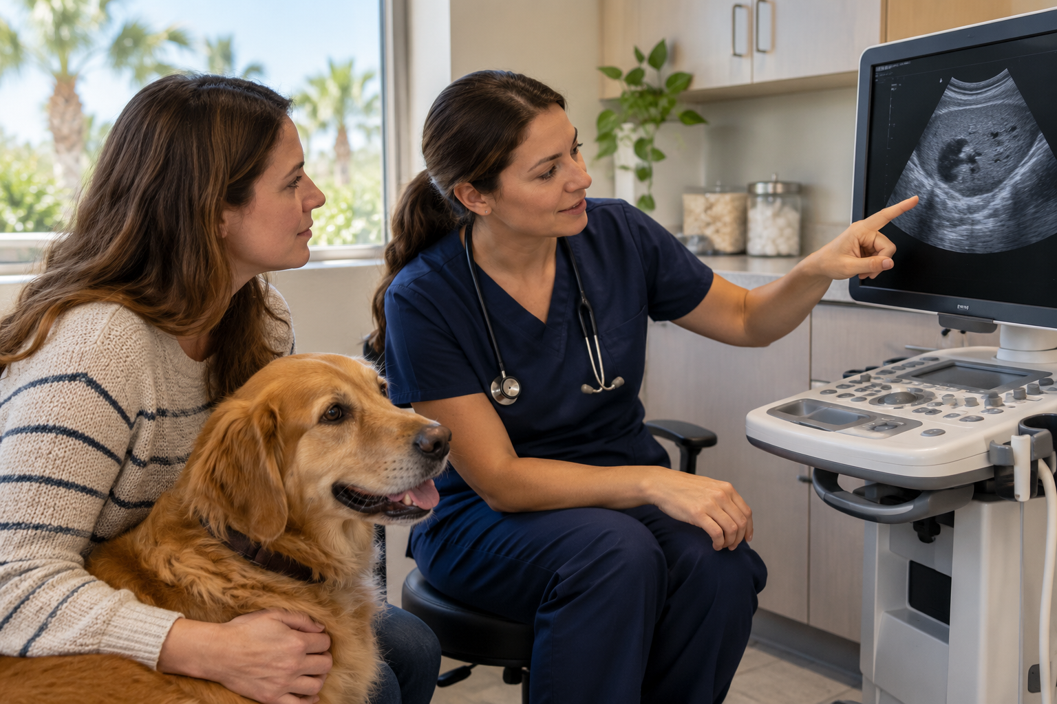 Veterinarian reviewing ultrasound images with a pet owner while a dog sits calmly beside them.