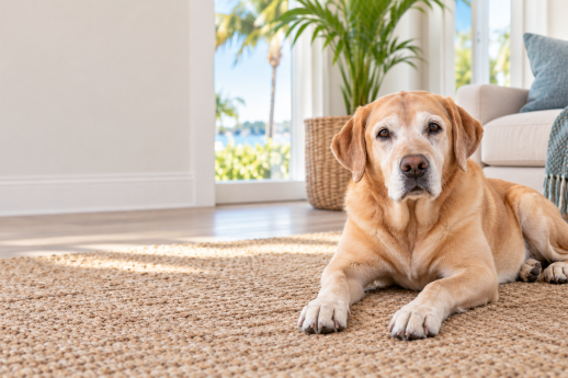 Senior yellow Labrador with a gray muzzle resting on a woven rug in a bright home.