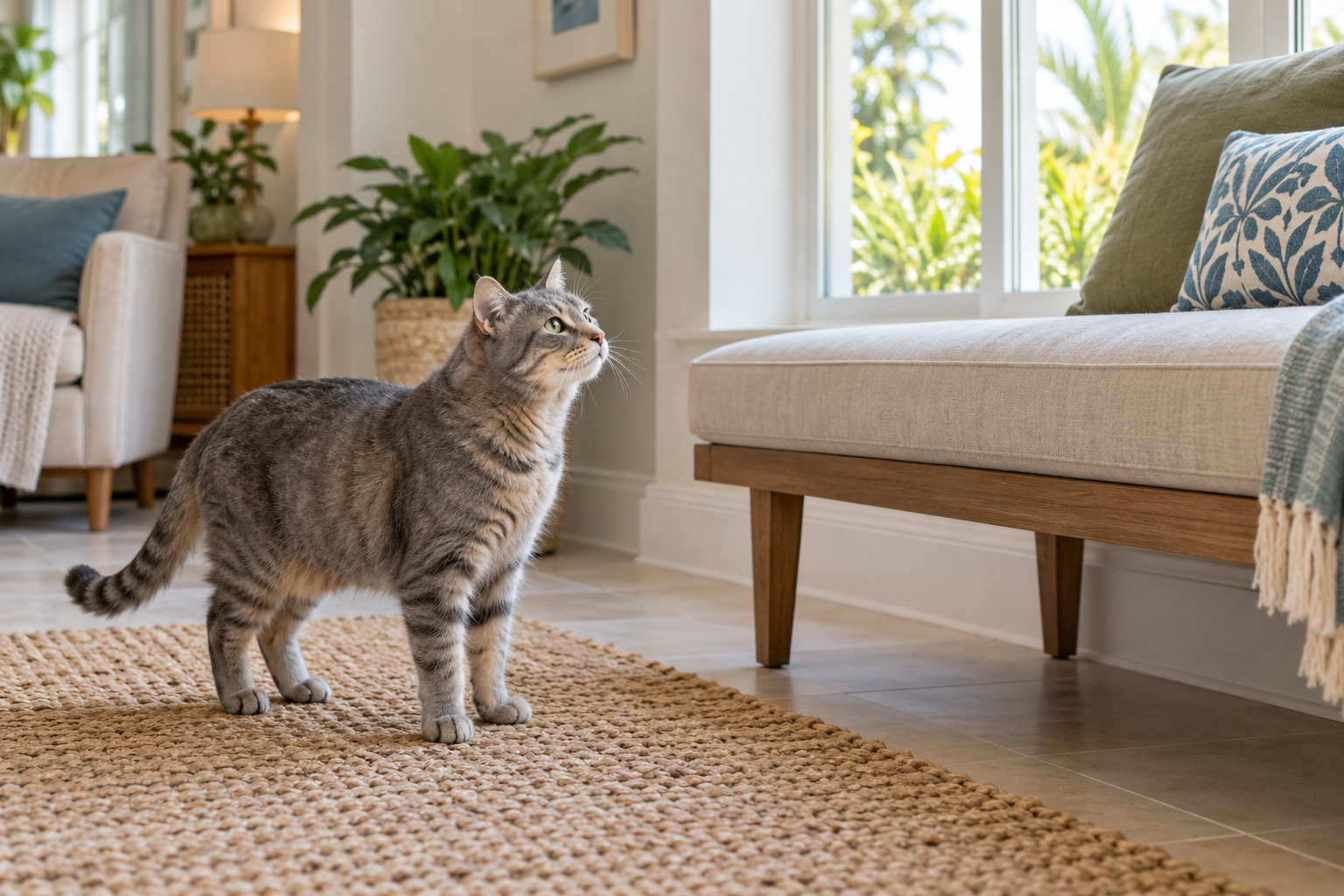 Gray tabby cat standing on a rug and looking toward a cushioned window bench.