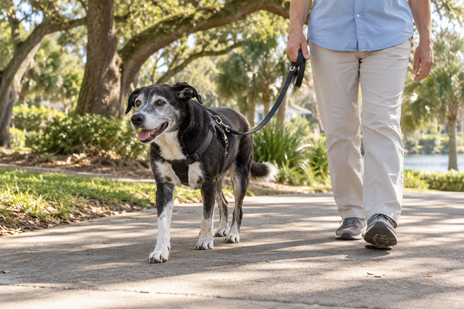 Senior black-and-white dog walking on a loose leash beside an owner on a shaded park path.