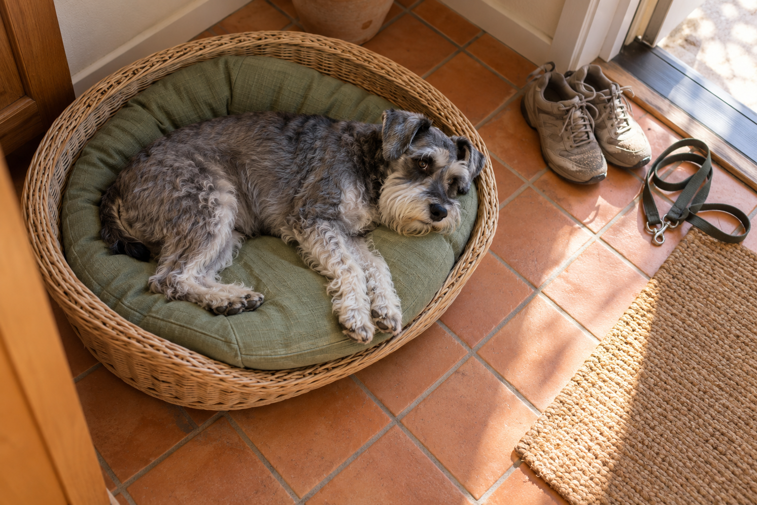 Salt-and-pepper schnauzer resting in a woven dog bed near sandy shoes and a leash.