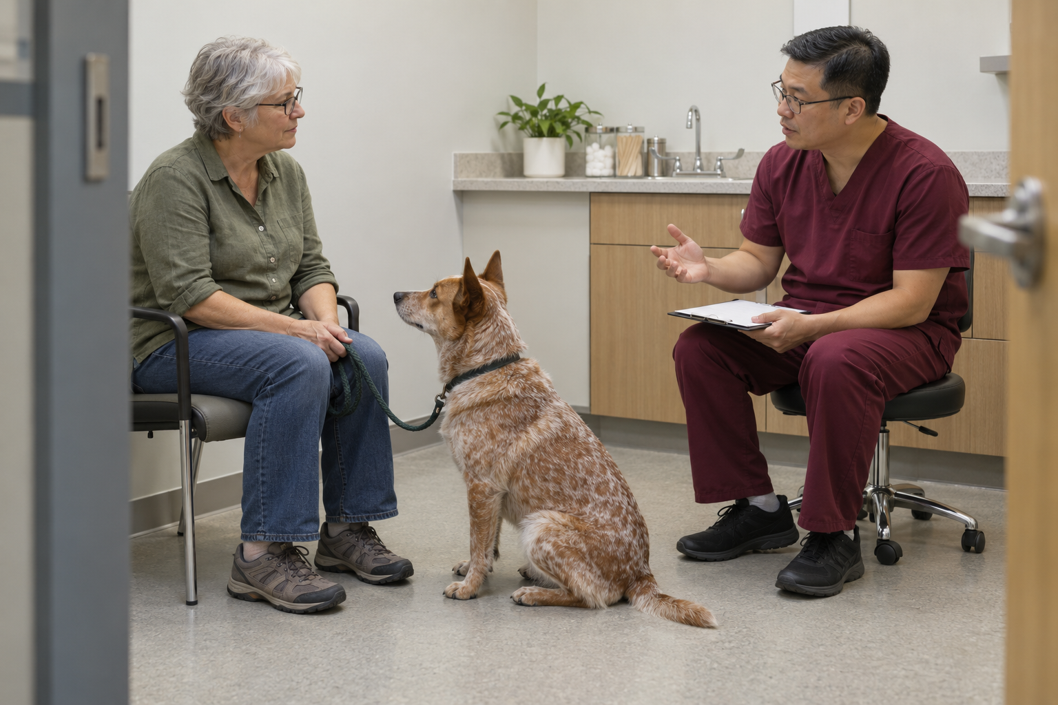 Owner discussing her cattle dog’s history with a veterinarian during a seated consultation.