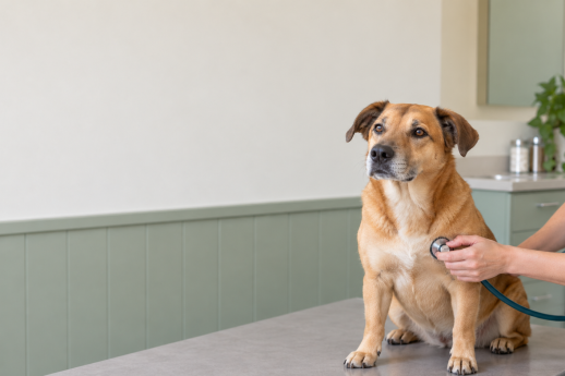 Tan dog having its heart checked with a stethoscope in a veterinary exam room.