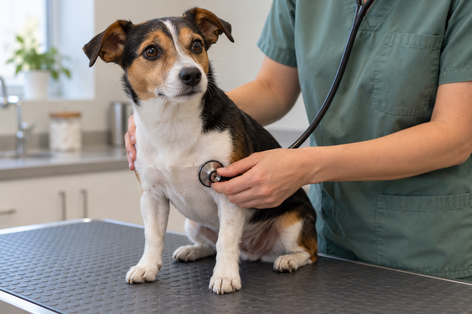 Tricolor terrier sitting on an exam table while a veterinary professional listens to its chest.