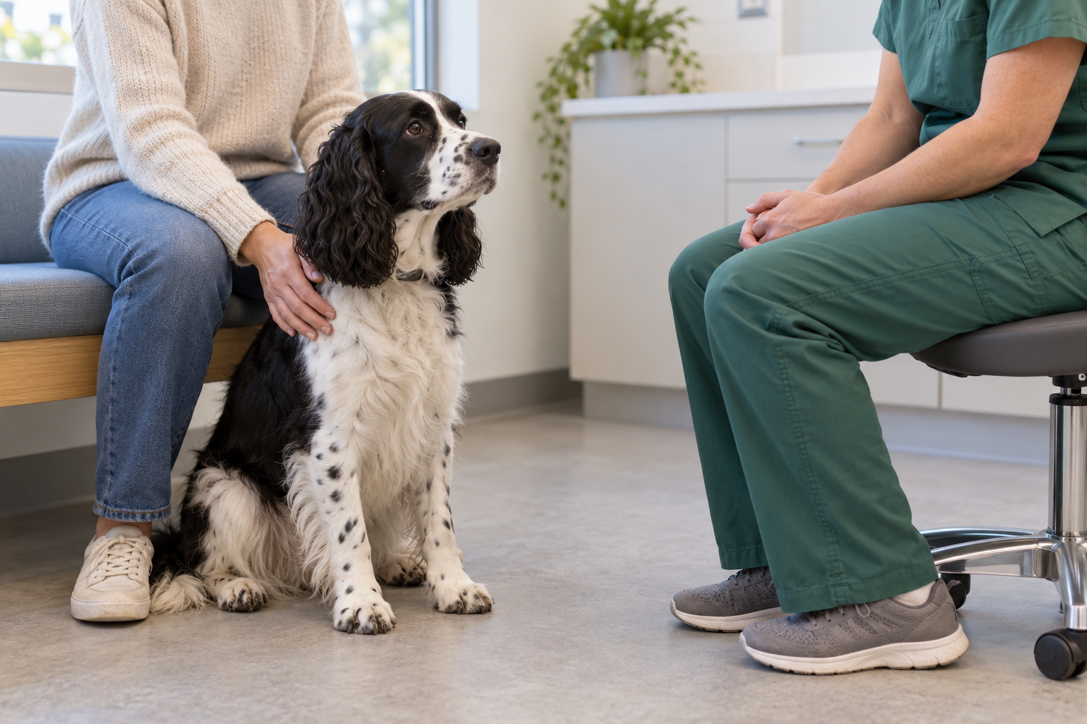 Black-and-white spaniel sitting beside its owner during a veterinary consultation.