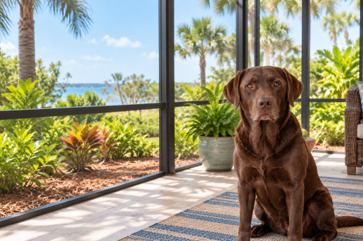 Chocolate Labrador with floppy ears sitting on a screened porch overlooking a coastal garden.
