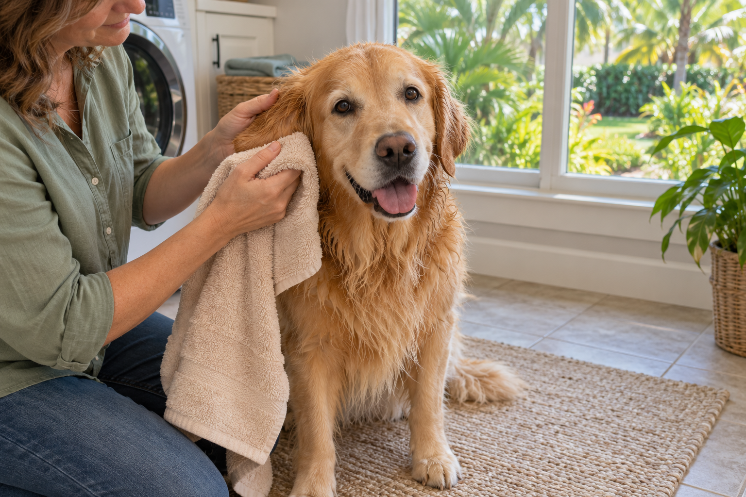 Owner gently patting a golden retriever’s outer ear with a towel after a bath.