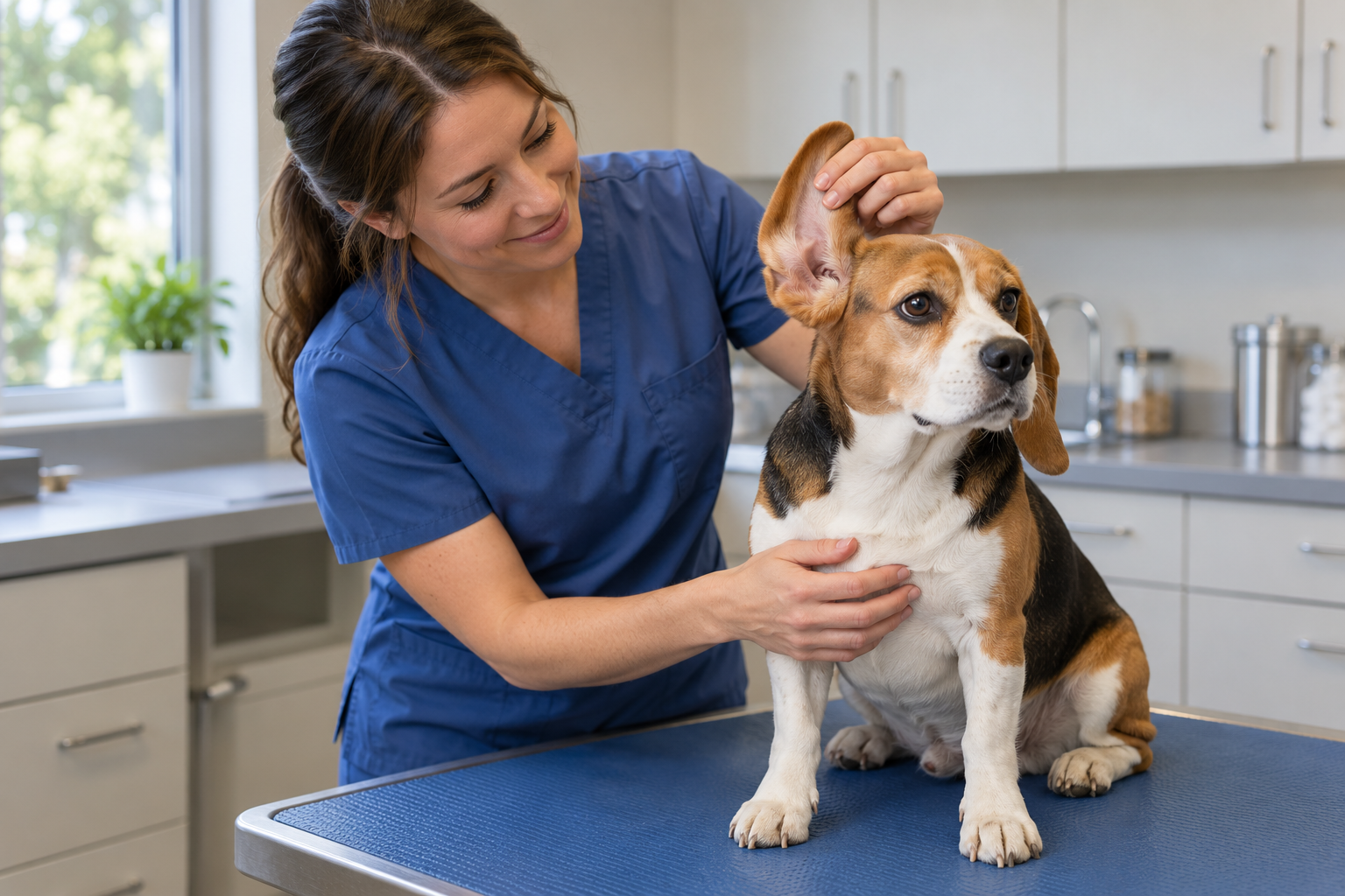 Veterinary clinician gently lifting a beagle’s ear flap during an ear examination.