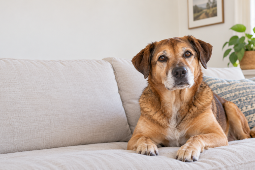 Senior brown dog with a gray muzzle resting on a light-colored sofa at home.