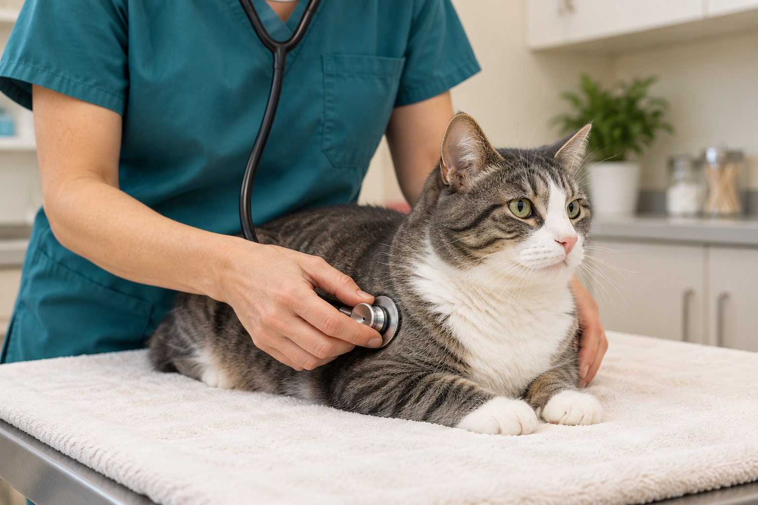 Veterinary clinician listens to a gray-and-white tabby cat's chest with a stethoscope.
