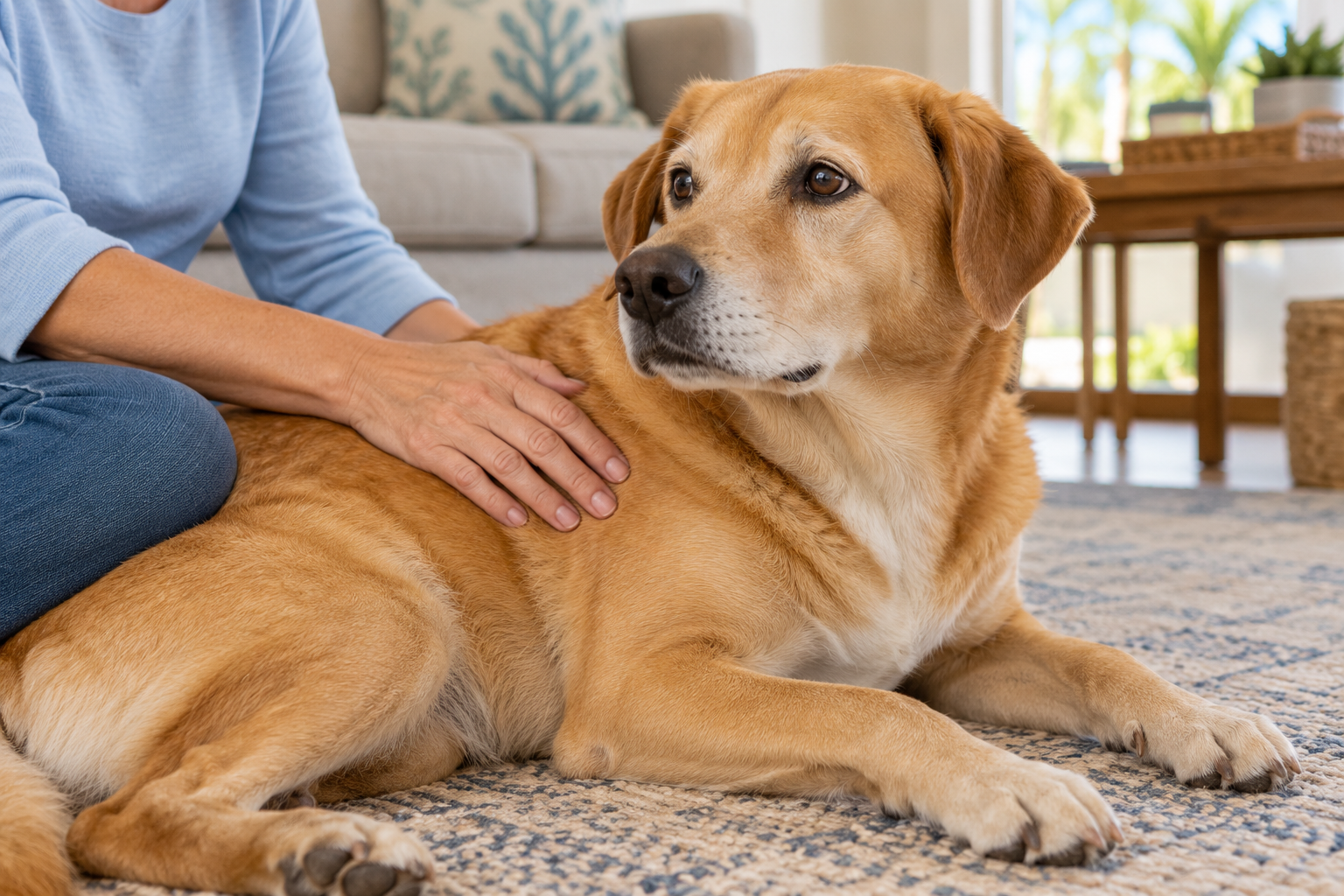 Owner gently runs a hand over a golden dog's shoulder while the dog rests on a rug.